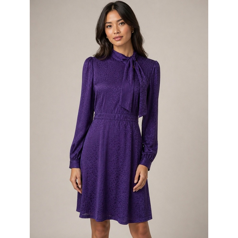 & Other Stories Paris Atelier Purple Leopard Jacquard Tie Neck Dress 8